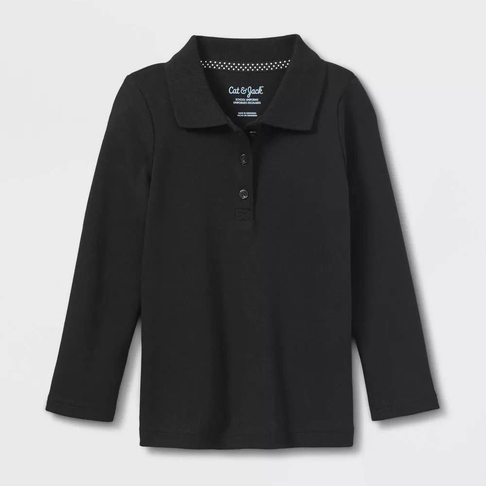 Girls' Small Long Sleeve Interlock Uniform Polo Shirt - Black + Free Shipping